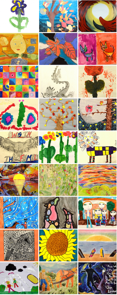 Large image of many paintings done by students